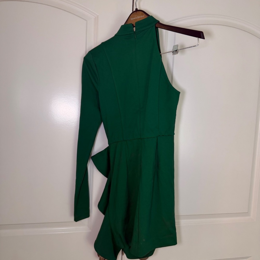 NBD Emerald Green One Shoulder Ruffle Mini Dress Mock Neck Long Sleeve Small - Picture 3 of 3